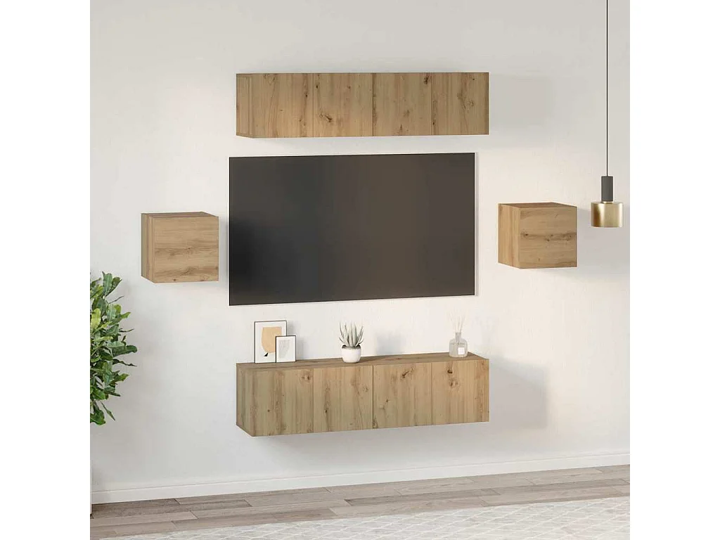 Conjunto de mueble para TV de 6 piezas, fabricado artesanalmente en madera de roble.
