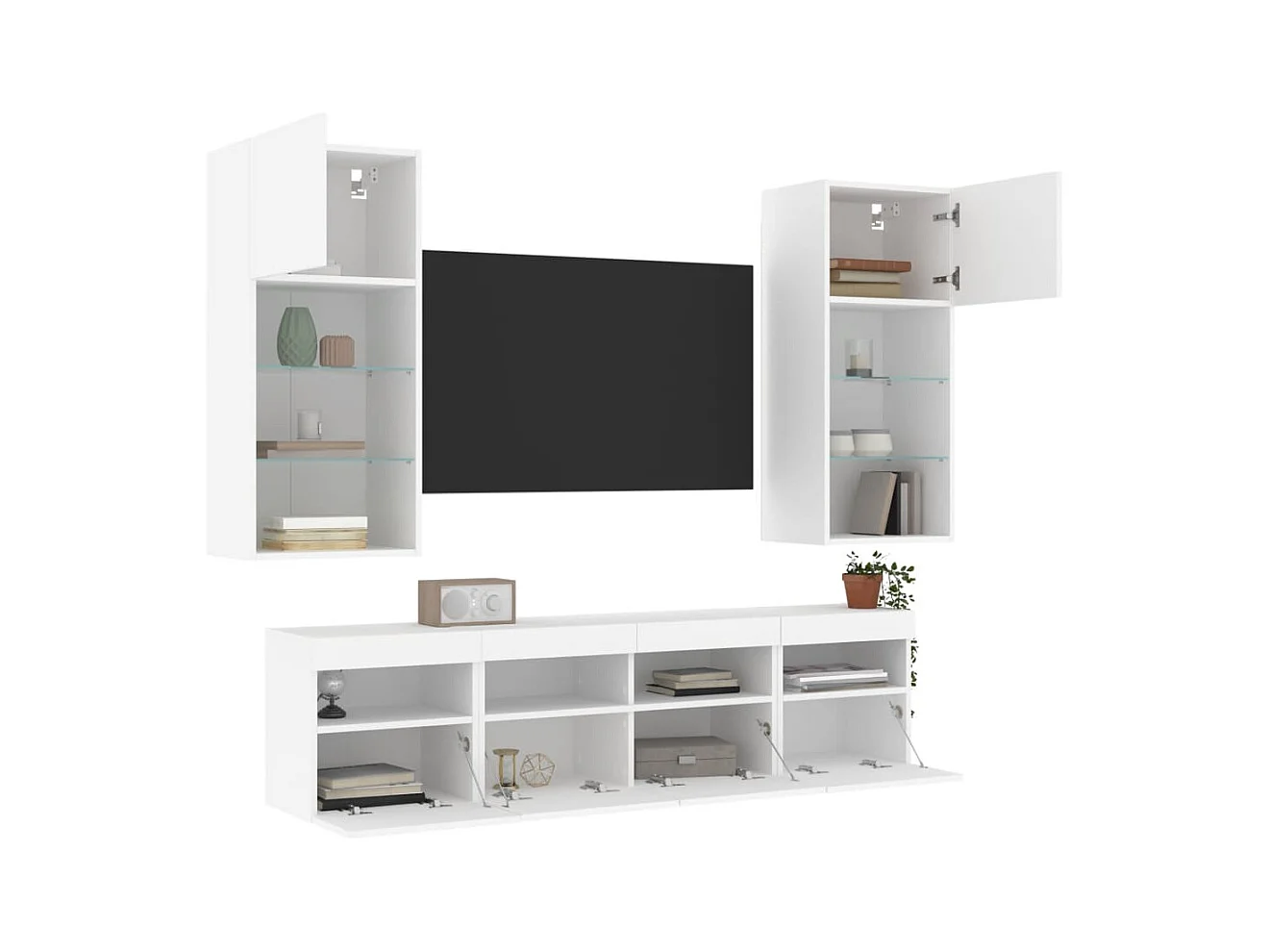 Muebles de pared para TV con LED, 5 piezas, madera de ingeniería blanca