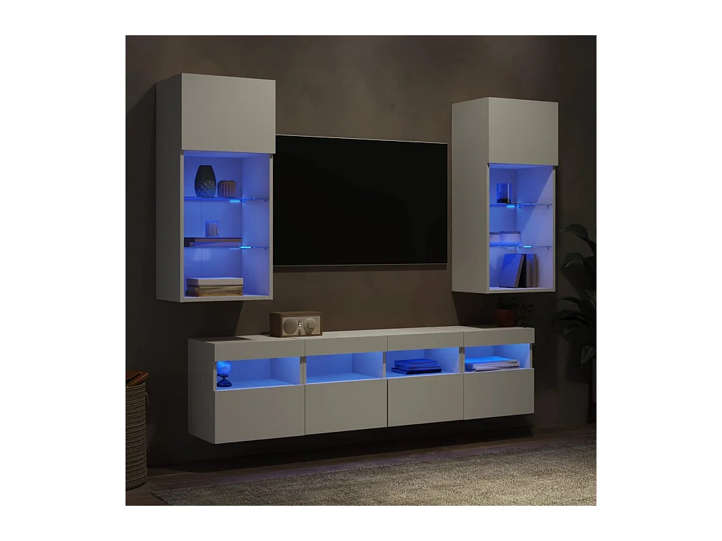 Unités murales TV avec LED 5 pcs blanc bois d'ingénierie