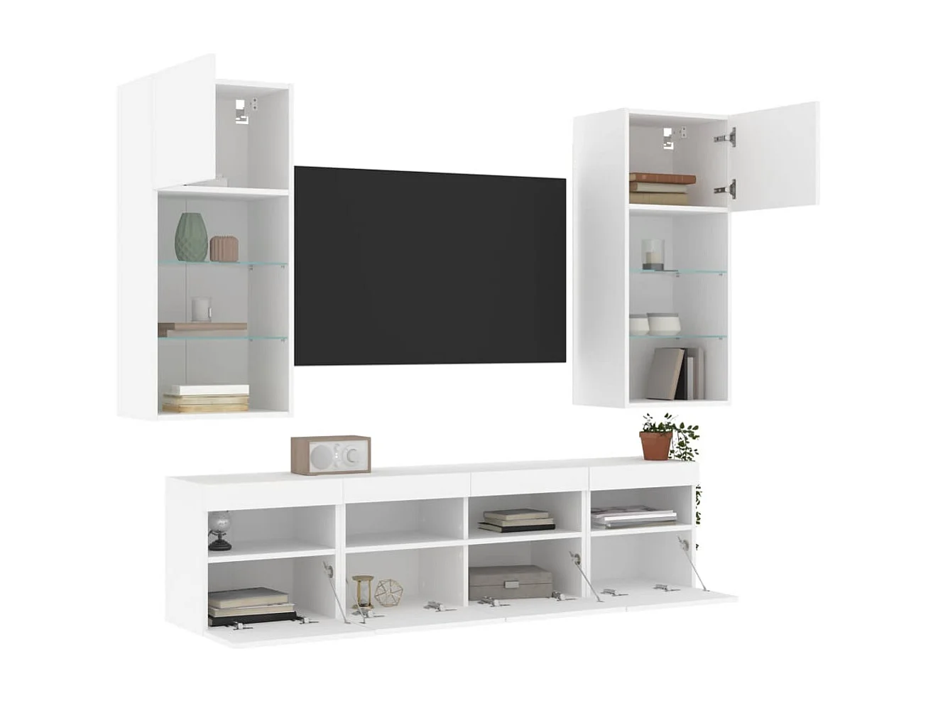 Unités murales TV avec LED 5 pcs blanc bois d'ingénierie