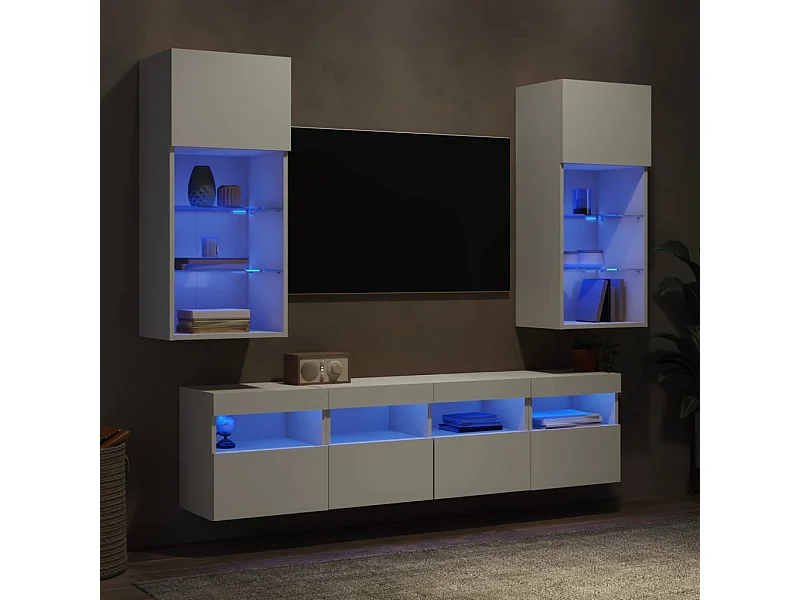 Unités murales TV avec LED 5 pcs blanc bois d'ingénierie