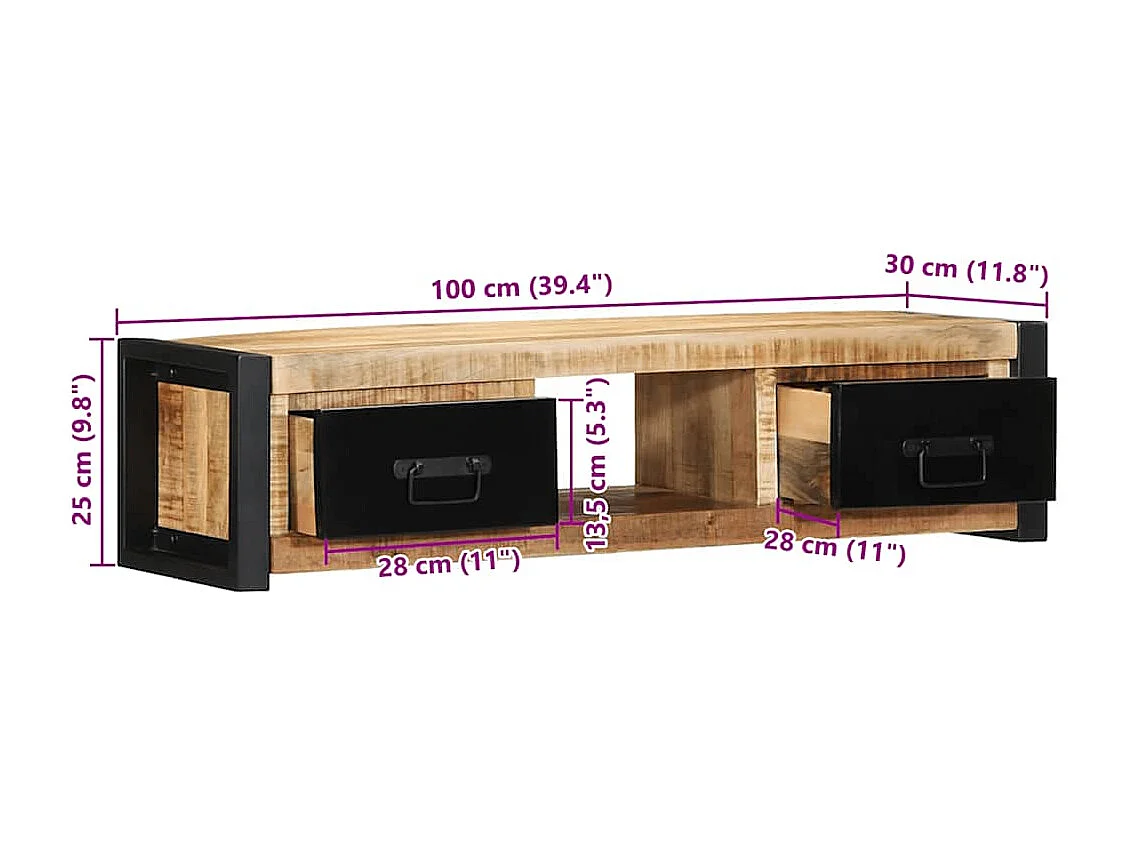 Meuble TV 100x30x25 cm bois massif de manguier brut