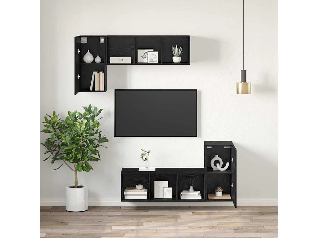 Mobile TV da parete in 2 pezzi, rovere nero, legno ingegnerizzato