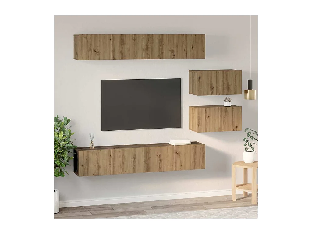 Set porta TV da parete 6 pezzi in rovere artigianale