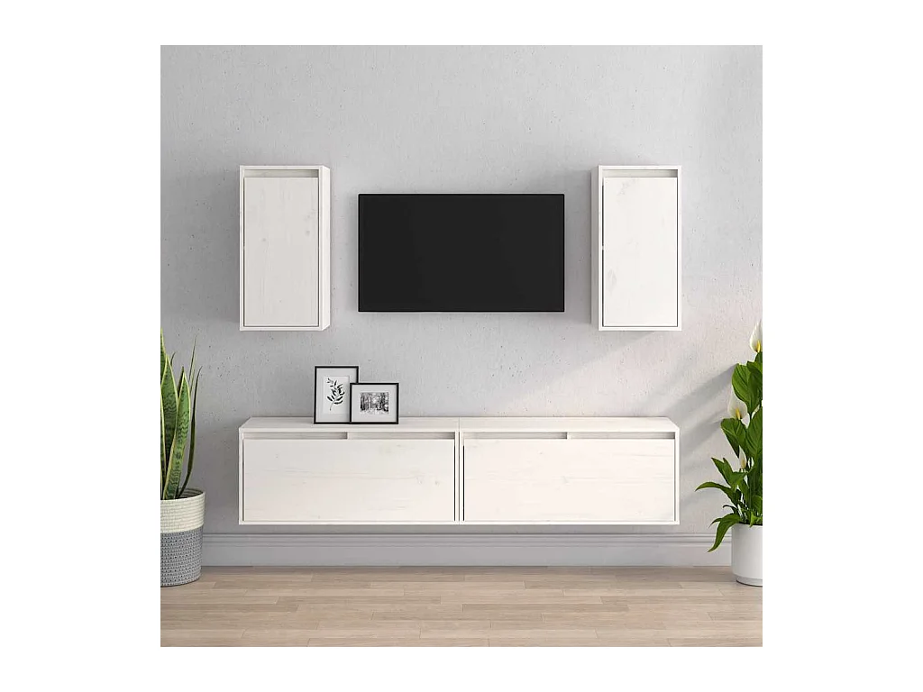 Conjunto de mueble de TV de 4 piezas Blanco Madera maciza de pino