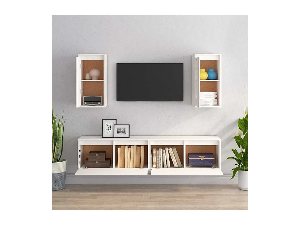 Conjunto de mueble de TV de 4 piezas Blanco Madera maciza de pino