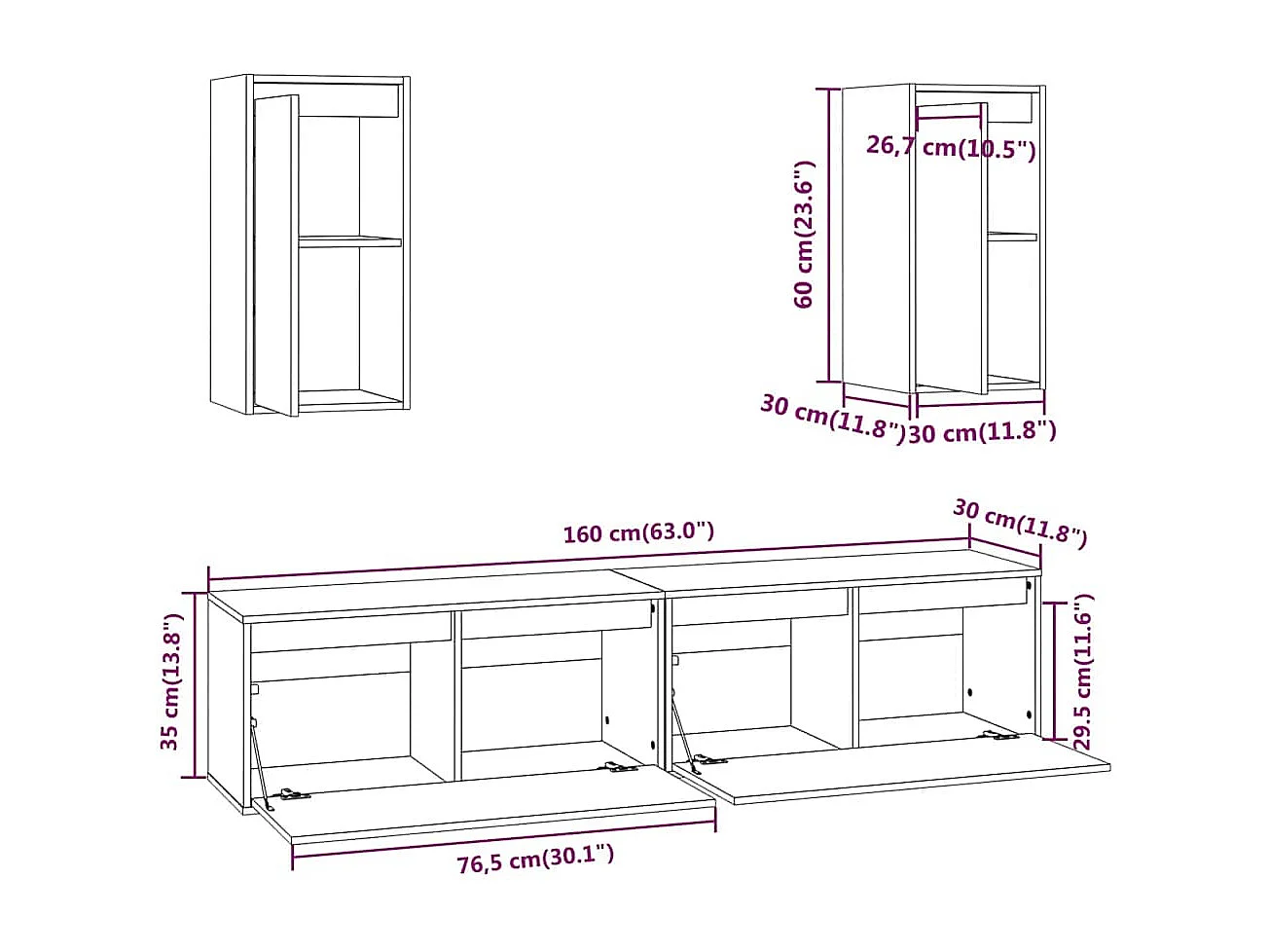 Conjunto de mueble de TV de 4 piezas Blanco Madera maciza de pino