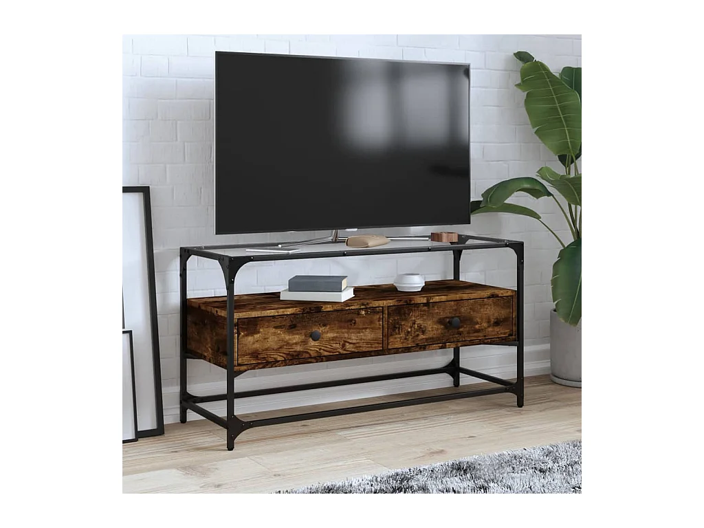 Mobile TV con piano in vetro, legno ingegnerizzato rovere fumé