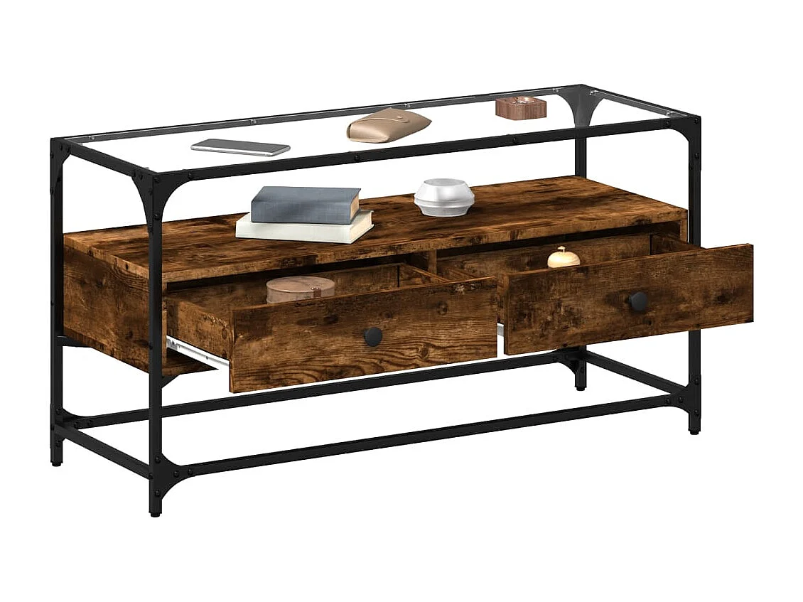 Meuble TV avec dessus en verre chêne fumé bois d'ingénierie