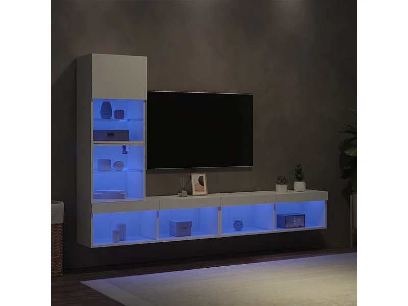 Unités murales TV avec LED 4 pcs blanc bois d'ingénierie