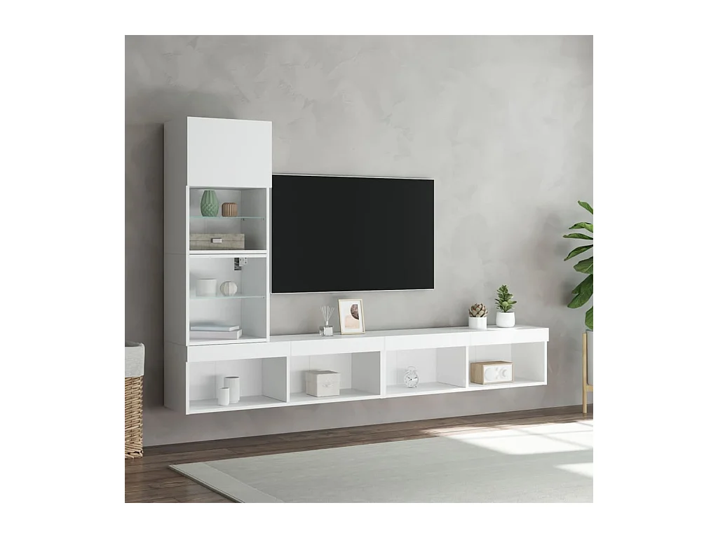 Unités murales TV avec LED 4 pcs blanc bois d'ingénierie