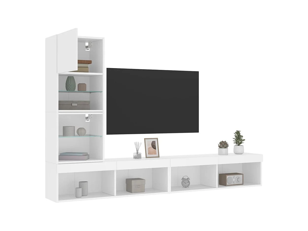 Unités murales TV avec LED 4 pcs blanc bois d'ingénierie