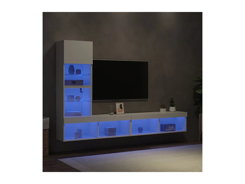 Unités murales TV avec LED 4 pcs blanc bois d'ingénierie