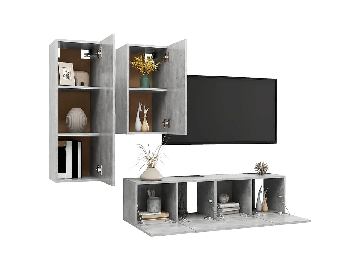 Conjunto de soporte para TV de 4 piezas de madera de ingeniería gris hormigón