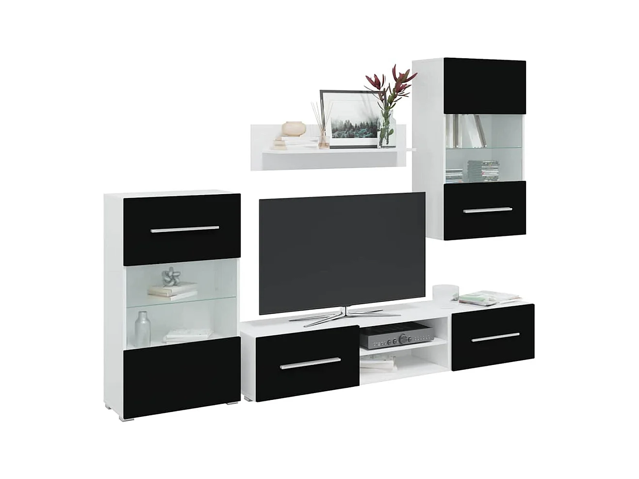 Mobile TV con luce LED 5 pezzi in legno ingegnerizzato nero opaco