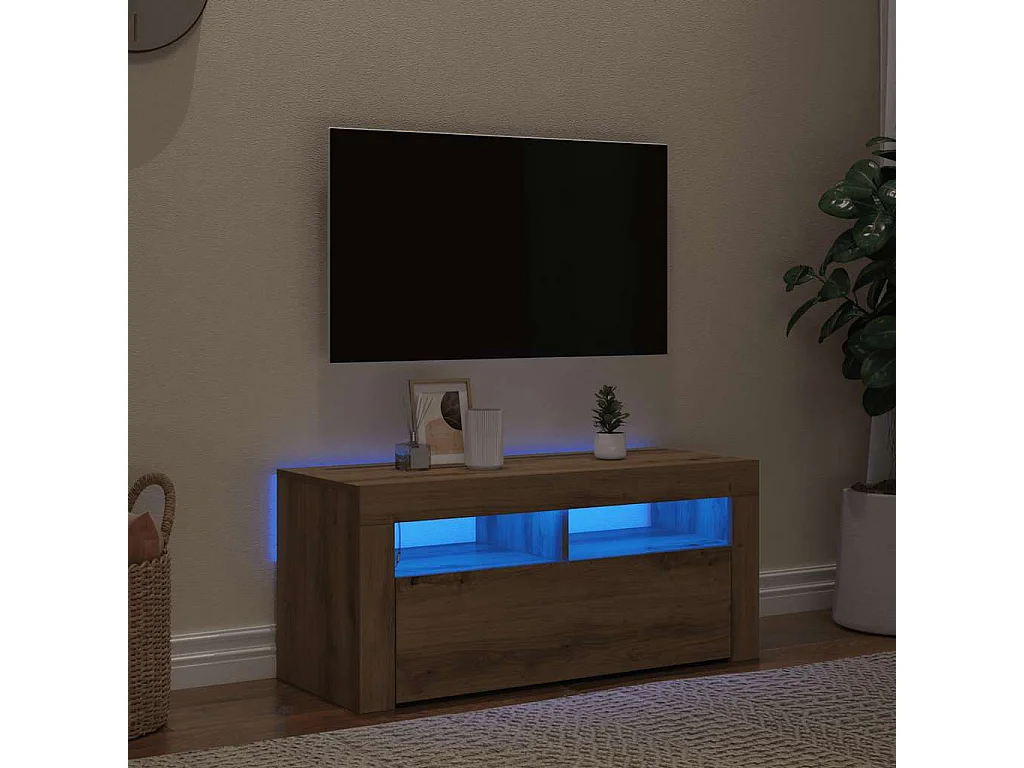 Meuble TV avec lumières LED chêne artisanal bois d'ingénierie