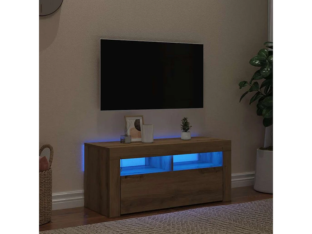 Meuble TV avec lumières LED chêne artisanal bois d'ingénierie