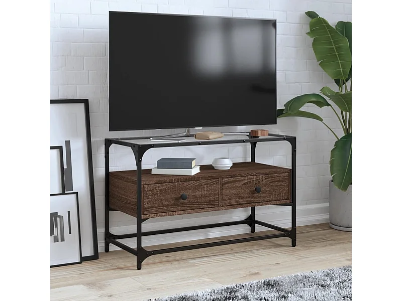 TV-meubel met glazen blad van bruin eikenhout