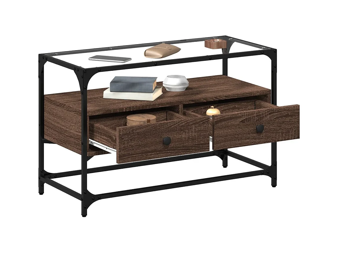 Mueble de TV con tapa de cristal de madera de ingeniería de roble marrón