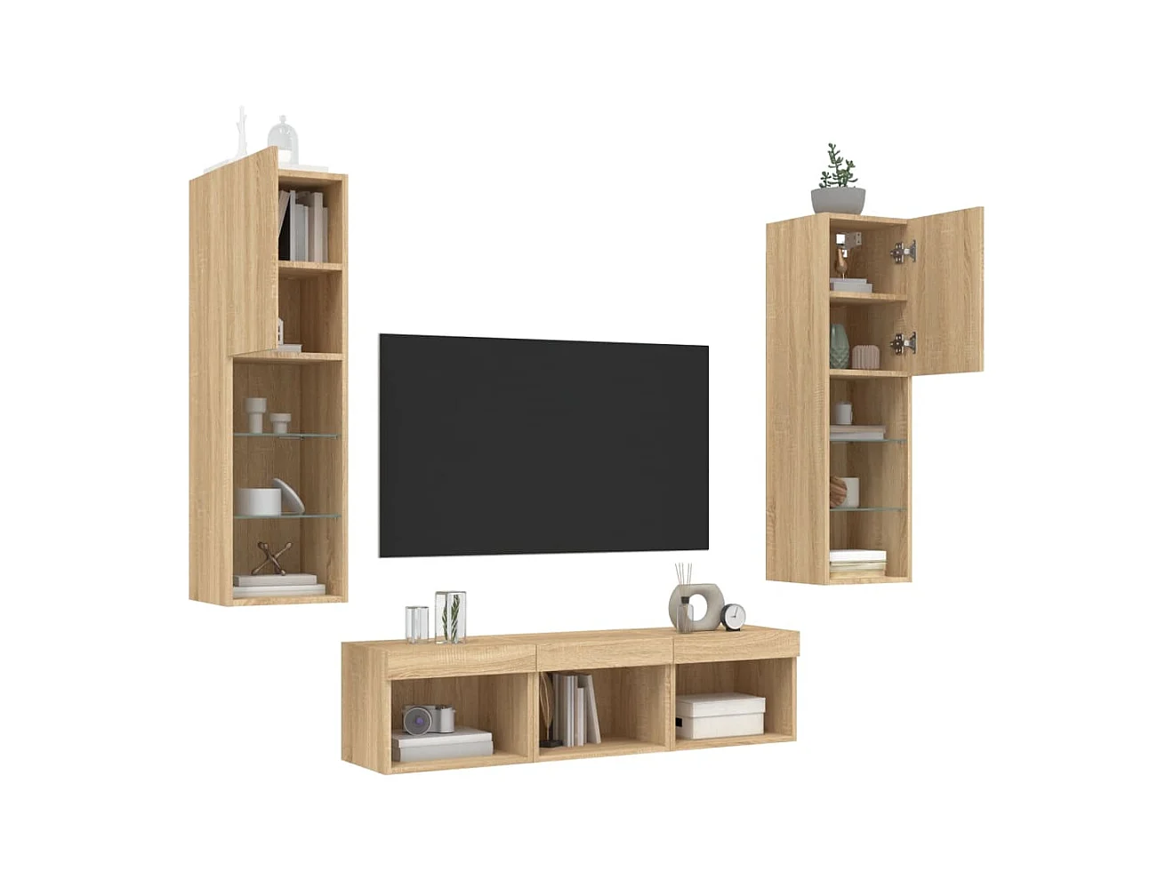 Unités murales TV avec LED 5 pcs chêne sonoma bois d'ingénierie