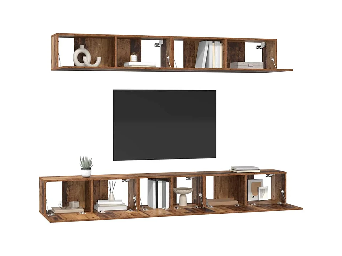 TV-Ständer-Set zur Wandmontage, 5-teilig, Antikholz, mittelgroß