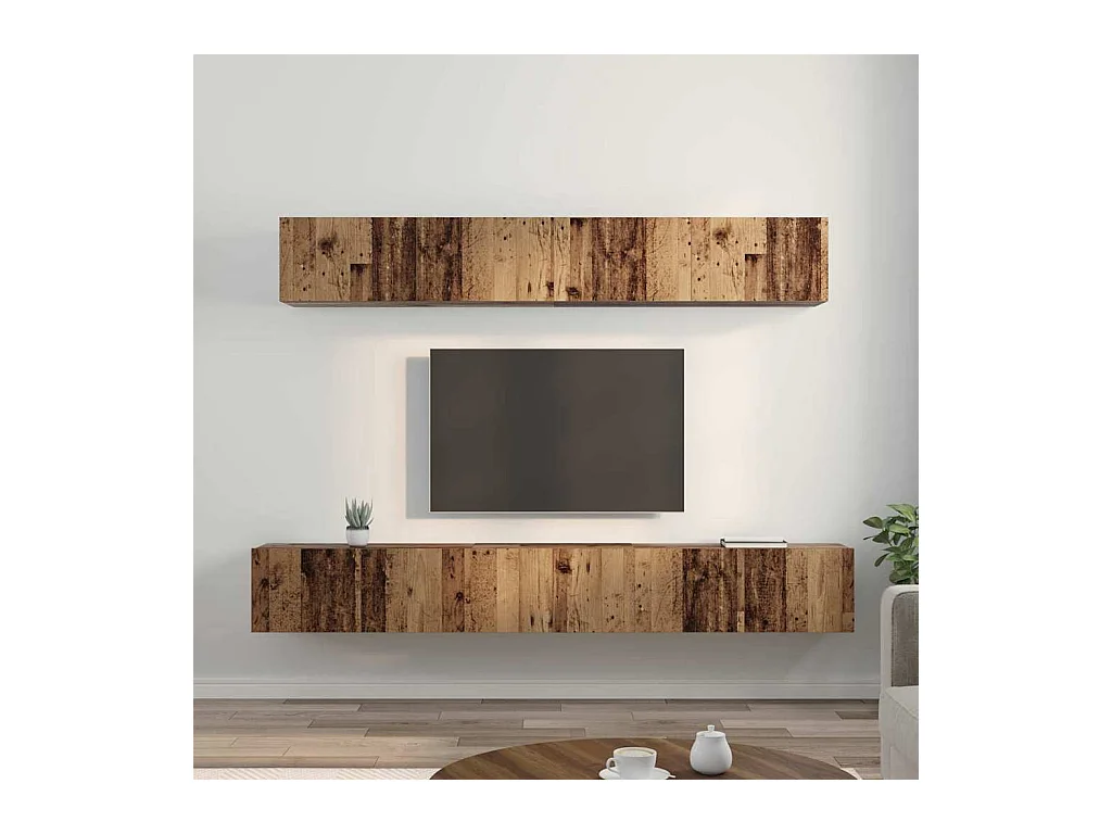 TV-Ständer-Set zur Wandmontage, 5-teilig, Antikholz, mittelgroß