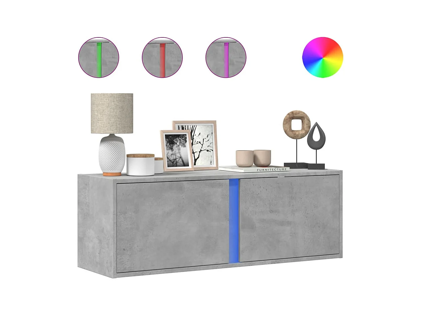 TV-wandmeubel met ledverlichting, betongrijs, 100x31x35 cm