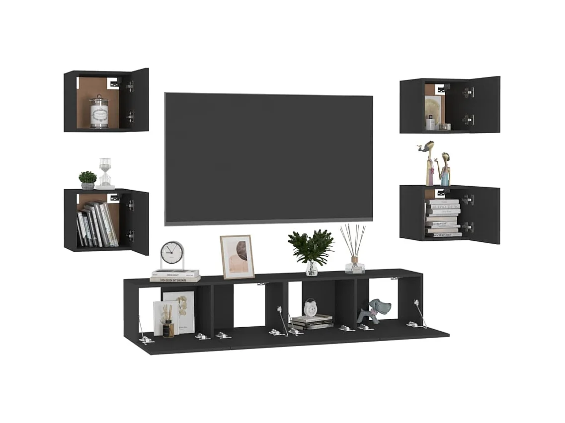 6-teiliges TV-Ständer-Set Schwarz Holzwerkstoff