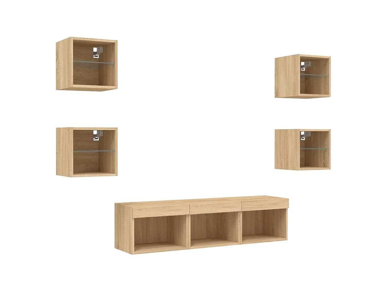 Parete attrezzata per TV LED da 7 pezzi in legno ingegnerizzato Sonoma Oak