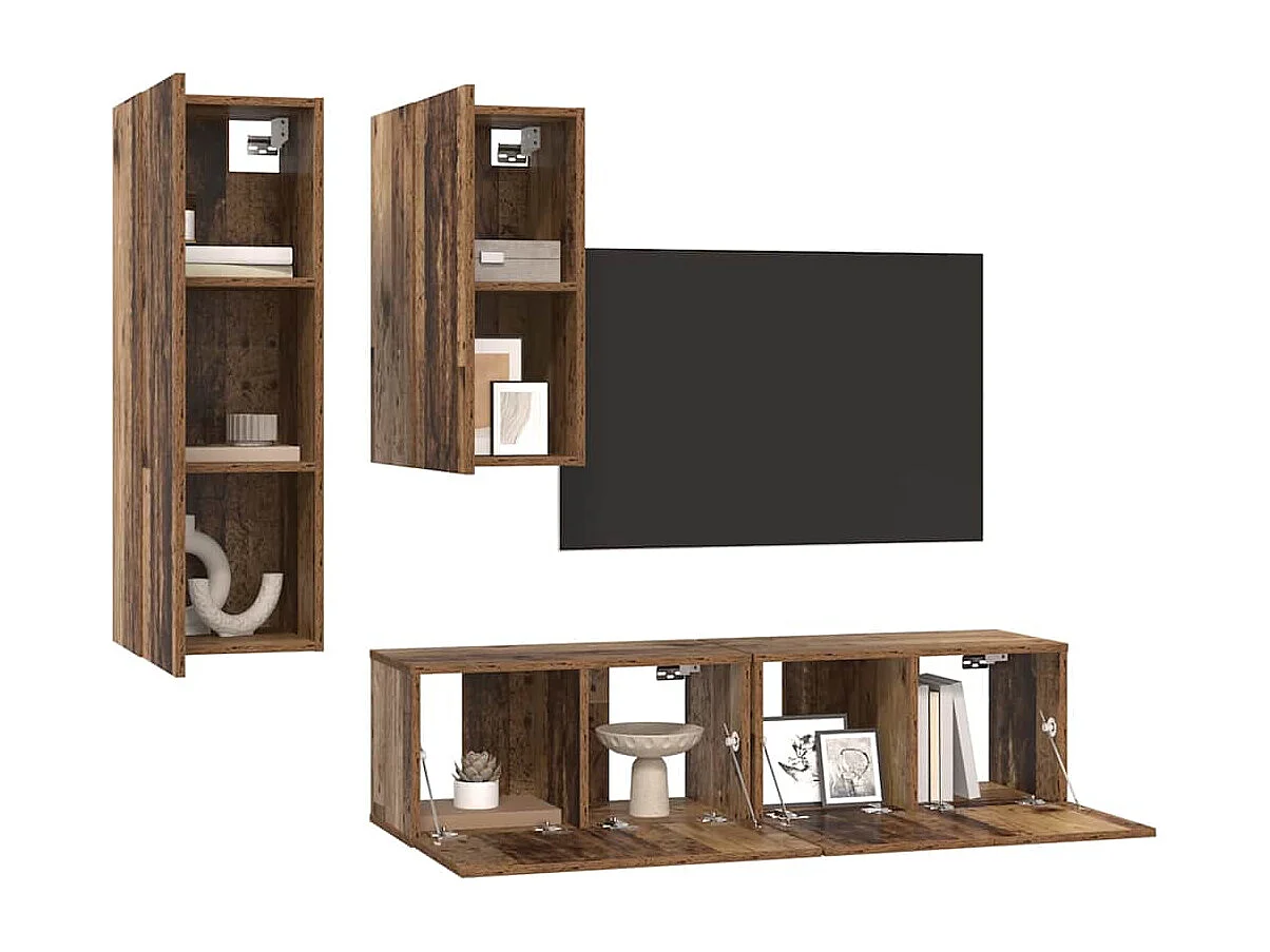 Set di mobili TV da 4 pezzi, legno anticato, 30,5 x 30 x 90 cm