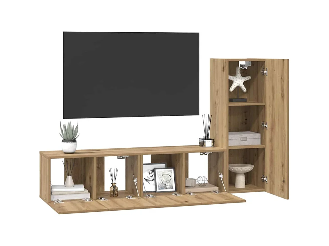 Set di mobili TV da 3 pezzi, rovere lavorato a mano, 60 x 30 x 30 cm