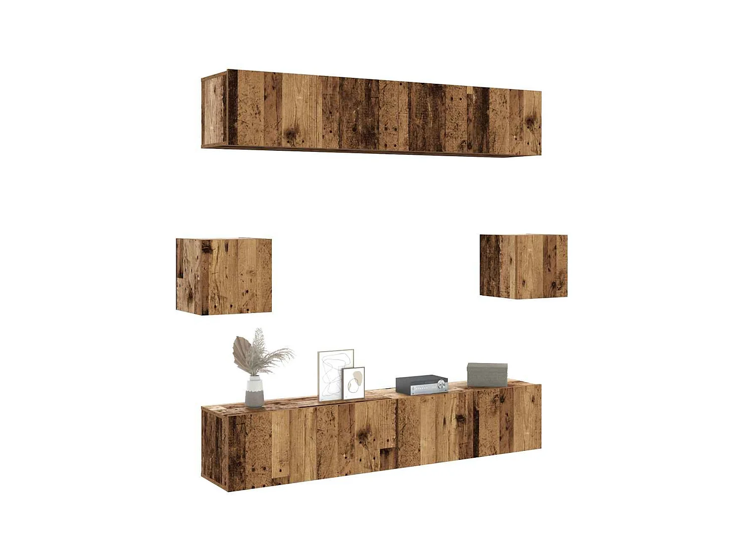 Conjunto de mueble de TV de pared de 6 piezas, madera envejecida, madera de ingeniería