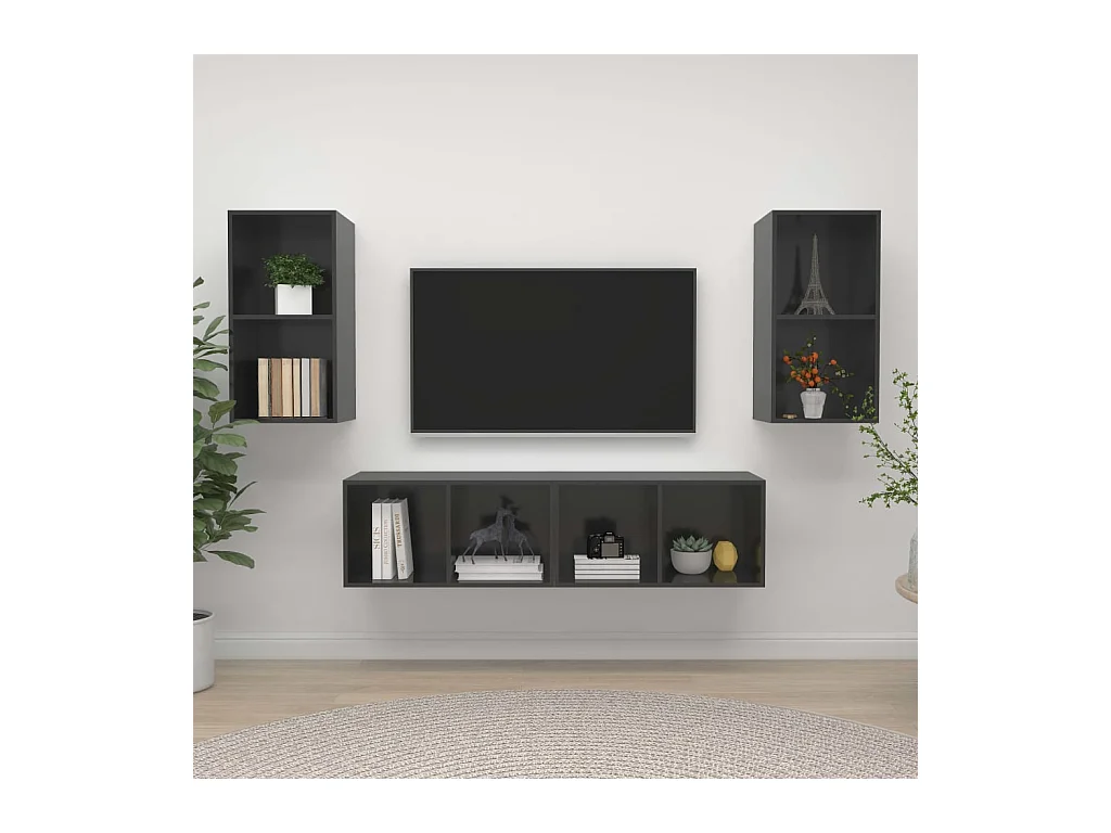 Mobili TV da parete a 4 pezzi, grigio lucido, legno ingegnerizzato