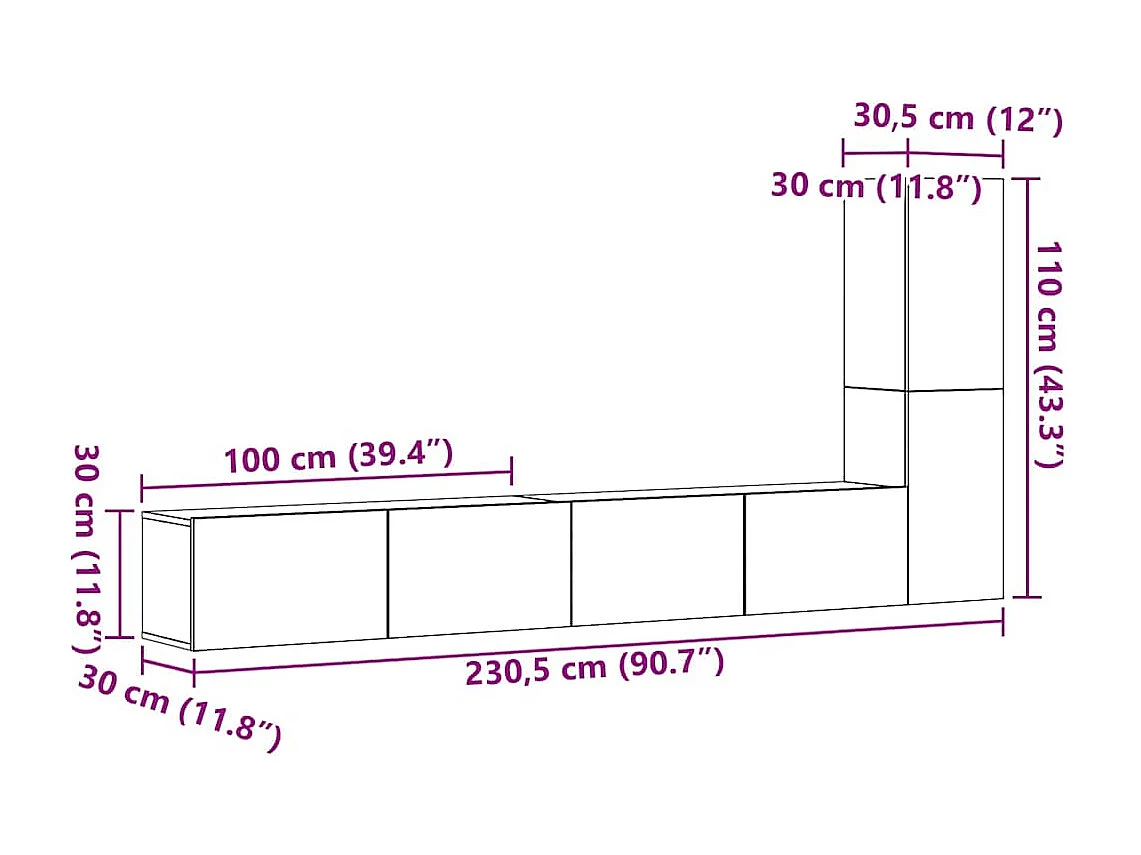 3-delige wand-tv-meubelset, oud hout, bewerkt hout