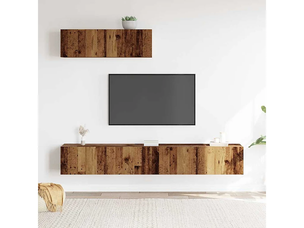 Conjunto de mueble de TV de pared de 3 piezas, madera vieja, madera de ingeniería