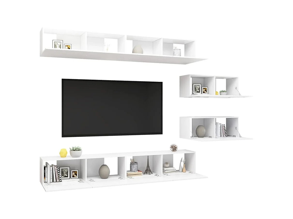 6-delige tv-meubelset, wit, bewerkt hout