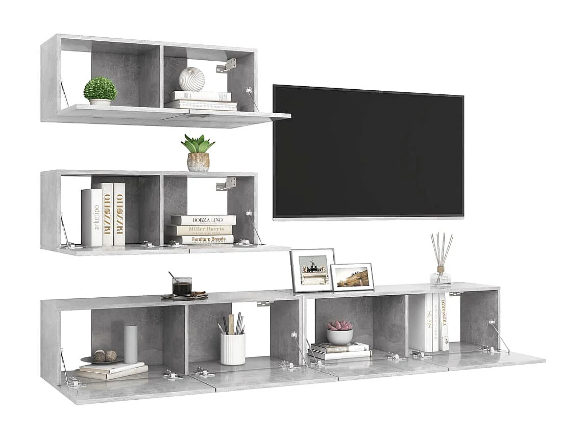Set di mobili TV da 4 pezzi in legno ingegnerizzato grigio cemento