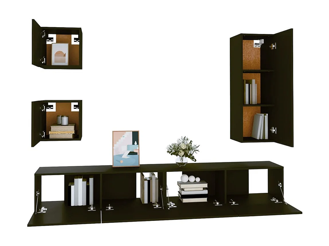 Conjunto de mueble de TV de 5 piezas de madera de ingeniería negra