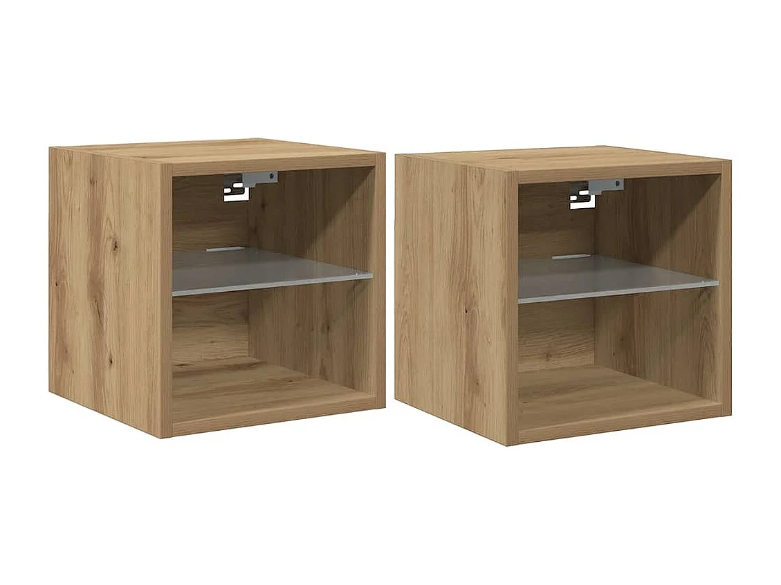Mobili TV a parete con luci LED, 2 pezzi, rovere lavorato a mano