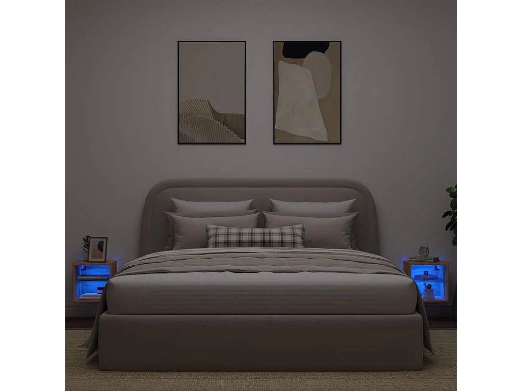 Mobili TV a parete con luci LED, 2 pezzi, rovere lavorato a mano