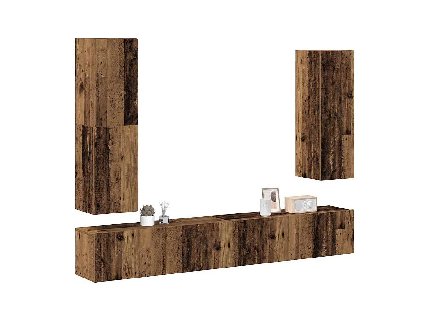 4-teiliges TV-Wandschrank-Set, gealtertes Holz, Holzwerkstoff