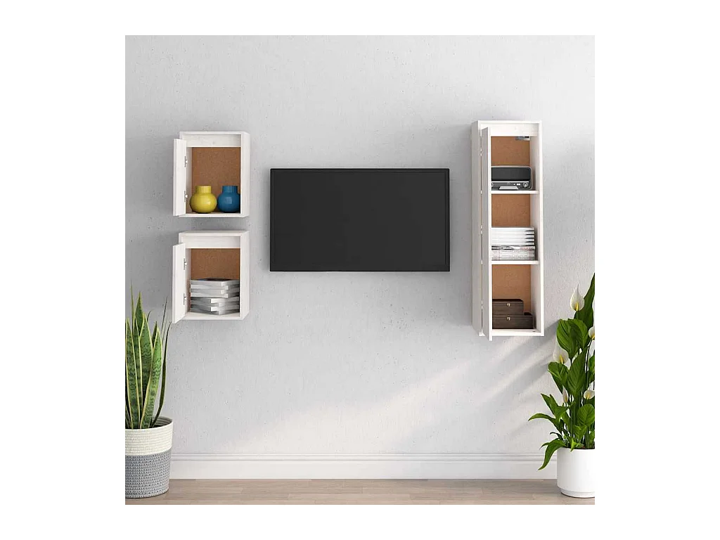 Meubles TV 3 pcs Blanc Bois massif de pin