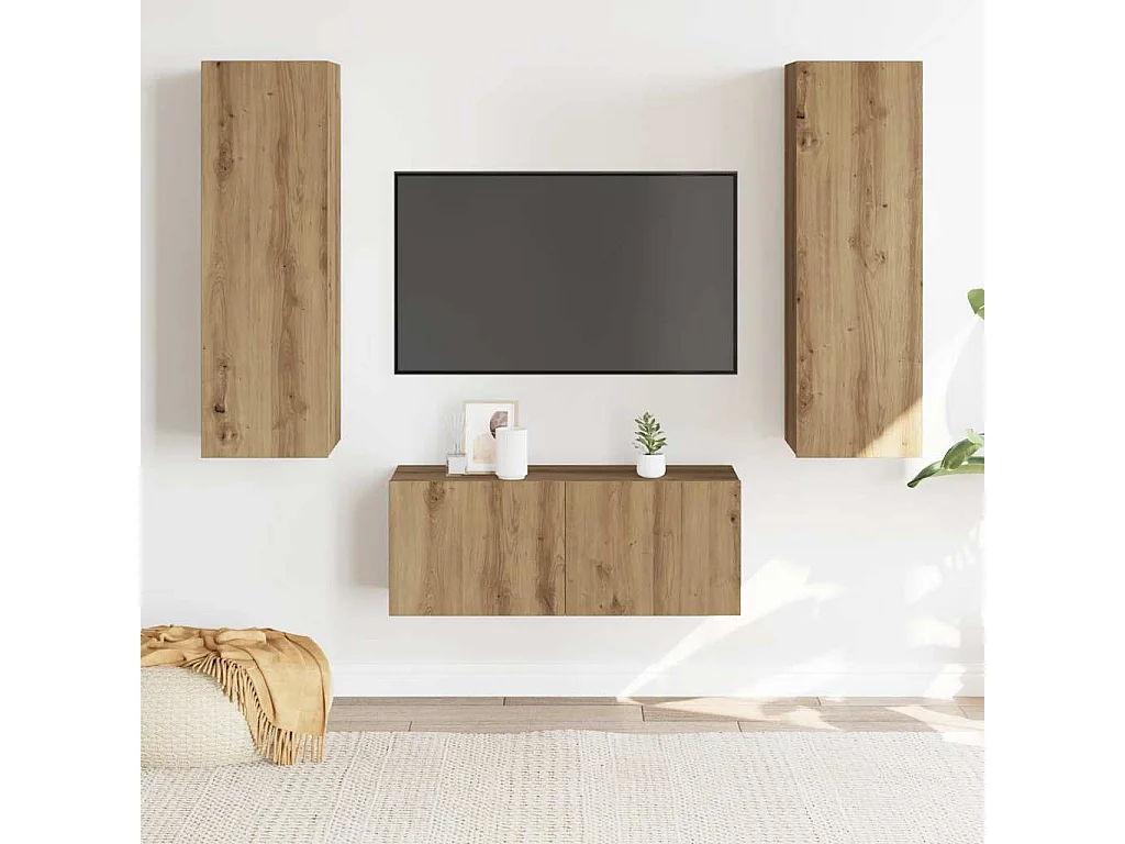Mobili TV da parete a 3 pezzi, rovere lavorato a mano, legno ingegnerizzato