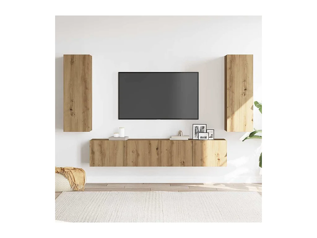 Mobili TV da parete a 4 pezzi, rovere lavorato a mano, legno ingegnerizzato