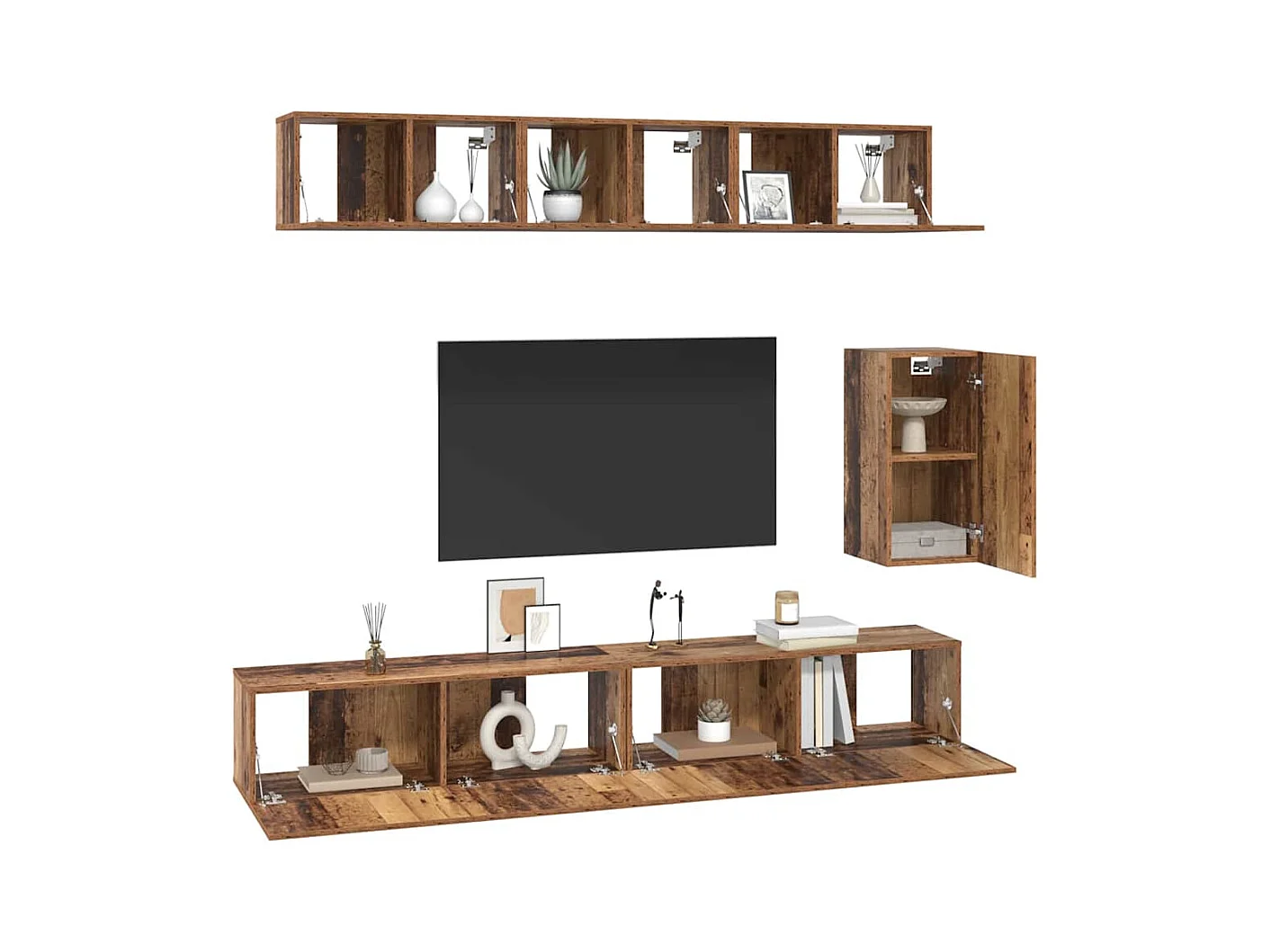 6-teiliges TV-Ständer-Set, Antikholz, Standard, mittel