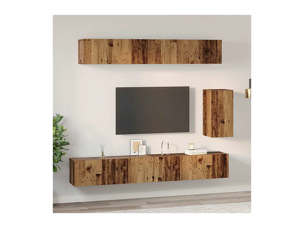 6-teiliges TV-Ständer-Set, Antikholz, Standard, mittel