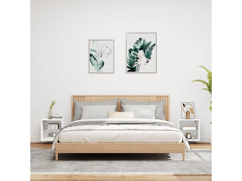 Tables de chevet murales avec lumières LED 2 pcs blanc