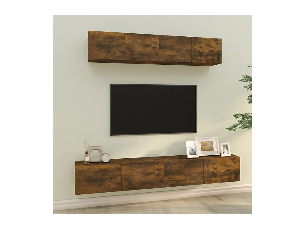 Set di mobili porta TV da 4 pezzi in rovere affumicato, legno ingegnerizzato