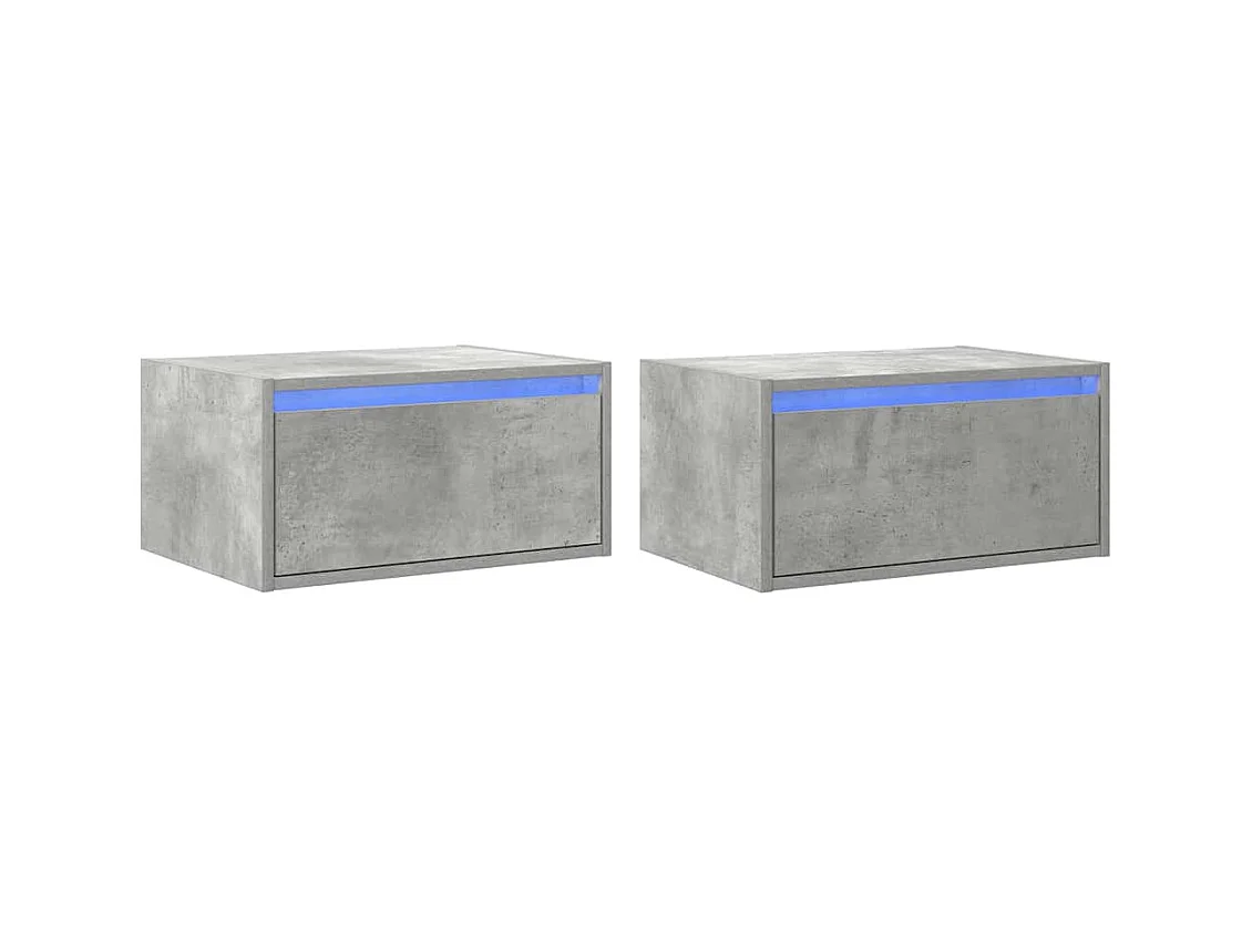 Tables de chevet murales avec lumières LED 2 pcs gris béton