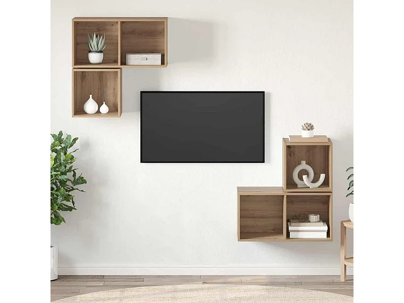 Conjunto de mueble de TV de 4 piezas, roble hecho a mano, 37 x 37 x 72 cm
